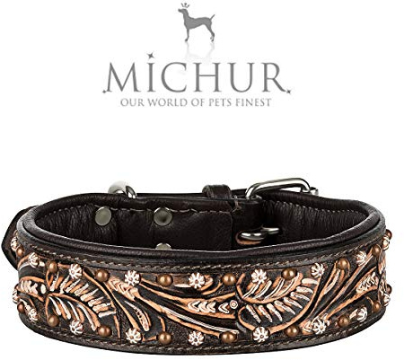 MICHUR Joris Hundehalsband Leder, Lederhalsband Hund, Halsband, Leder, Schwarz Braun mit Rundnieten und Steinchen,in verschiedenen Größen erhältlich