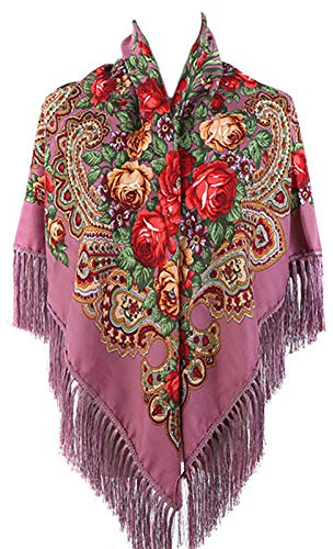 Gudessly Écharpe traditionnelle pour femme avec pompons - Châle rétro - Imprimé floral, violet, taille unique