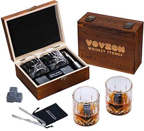 Whiskey Stones and Glasses Gift Set for Men – 8 Whisky Scotch Bourbon Chilling Stones, 2 Whiskey Glasses in Wooden Box – Father's Day/Christmas/Birthday Gift/Present for Father Dad Boyfriend