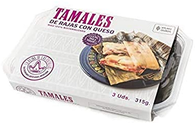 La Reina de las Tortillas - Líder europeo en gastronomía artesanal mexicana.Tamales de rajas con queso. Listos para servir. Maíz 100% nixtamilizado. Aptos para celíacos. 3 unidades. Caducidad 4 meses