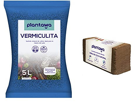 PLANTAWA Sustrato Vermiculita 5L + Fibra de Coco 10L, Sustrato para Plantas, Abono Natural para Huerto Urbano, Tierra para Jardín Exterior Vermiculita y Fibra de Coco
