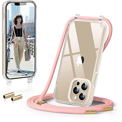 GOODVISH Handykette Kompatibel mit Apple iPhone 13 Pro 6,1 Display, Necklace Hülle mit Band Handyhülle für zum Umhängen, Transparent Case mit Schnur Kameraschutz und Bildschirmschutz, Rosa