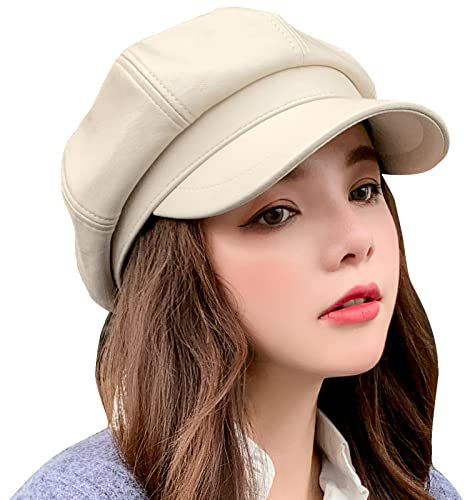 FEOYA Ballonmütze Damen Leder Schirmmütze Damen Winter Newsboy Cap Baker Boy Mütze Damen Beige