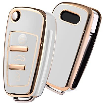 OATSBASF Schlüsselhülle Geeignet für Audi, Autoschlüssel Hülle für A1 A3 A4 A6 Q3 Q5 Q7 S3 R8 TT Silicone TPU Schutzhülle (Goldener Rand-Weiß)
