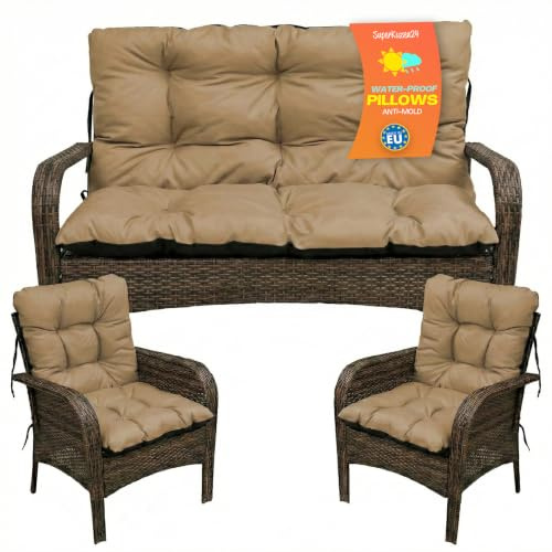 SuperKissen24. Sitzkissen Bankkissen Bankauflage - 100x50 cm und Rückenlehne 100x60 cm mit 2er 48x96 cm Stuhlkissen Set - Outdoor und Indoor - Beige