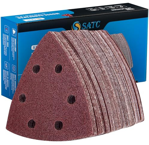SATC Delta-Triangle Sanding Sheets 93mm 60 PCS Detail Sander Pads Durable Dust-Free 6-Holes Sander Sandpaper Hook and Loop Triangle Sanding Pads 60/120/180/240/320/400 Grits 93 x 93 x 93mm