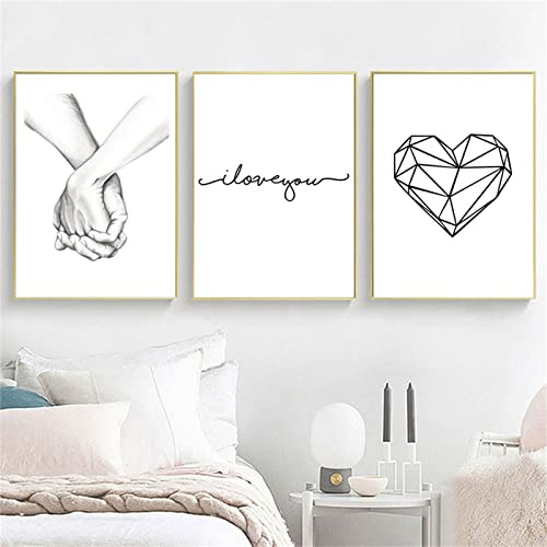Trayosin 3-teiliges Premium Poster Set, Hand in Hand, Linie Liebe, Modern Schwarz Weiß Love Bilder Wandbilder Posterset für Wohnzimmer Schlafzimmer Deko, Ohne Rahmen (50x70cm)