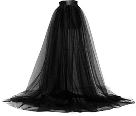 Detachable Train Bridal Wedding Dress Tulle Skirt for Evening Party Women Floor Length See Through Dress Waist Strap Cape Style, Black