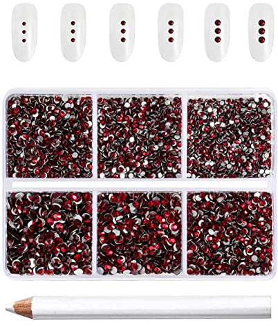 Beadsland Strasssteine für nägel,Dunkles rot,6 Größen gemischt,7200 Stk | Rote Strasssteine,SS3-SS10,Glasmaterial,Flacher Rückseite,für Sich Schminken,mit Wachsmalstift