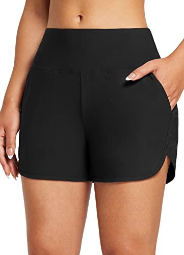 baleaf Swim Shorts Womens Tummy Control High Waisted Swimming Board Shorts with Pockets Liner Quick Dry 3'' UPF 50+ Black L