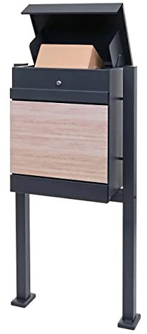 Paketkasten mit Standfuß HWC-K41, Paketbox Paketstation Standbriefkasten, Metall - verzinkt anthrazit-Holzoptik