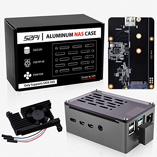 GeeekPi Aluminium NAS Gehäuse mit PWM Lüfter und M.2 SATA SSD Adapterplatine für Raspberry Pi 4, Passive Aluminiumgehäuse mit 3510 Ultra-Quiet Lüfter für Raspberry Pi 4 Model B 2GB 4GB 8GB