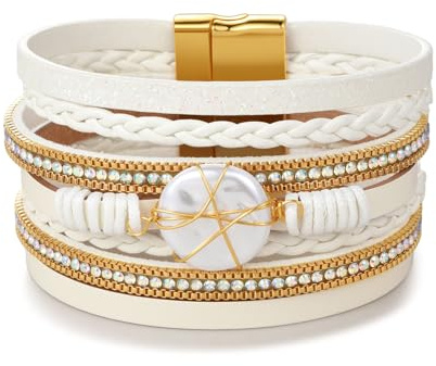 LSxAB Women Multi-Layer White Leather Wrap Bracelet Stackable Wristband Braided Cuff Bangle Bracelets Handmade Jewellery