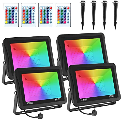 Proyector LED RGB exterior de 100 W, T-SUNUS Proyector LED color con mando a distancia, 16 colores 4 modos, impermeable IP66 foco exterior de jardín para árbol de noche, bar, fiesta Halloween