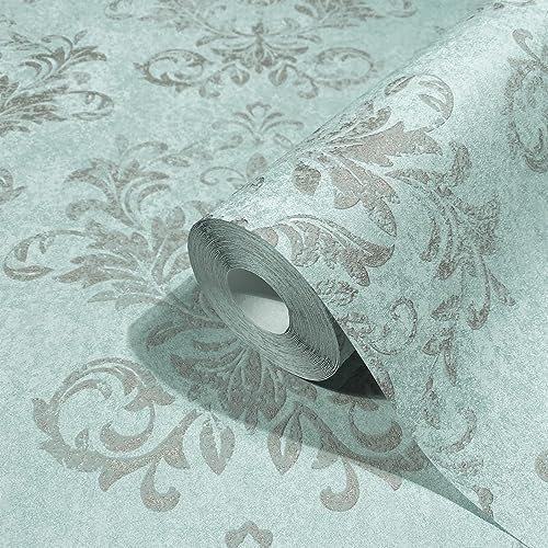 marburg Tapete Grün Grau Barock Muster Ornamente Ornamental Klassisch für Wohnzimmer Schlafzimmer oder Küche 100% Made in Germany 10,05 x 0,53m