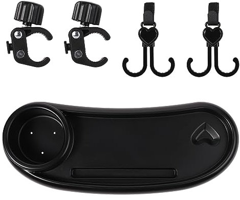 3 in 1 Snacktablett Kinderwagen, Abnehmbar Getränkehalter Kinderwagen mit Handyhalter und Snack-Tablett Kinderwagen-Zubehör Getränkehalter mit 2 Kinderwagen-Haken Kinderwagen-Zubehör (Schwarz)