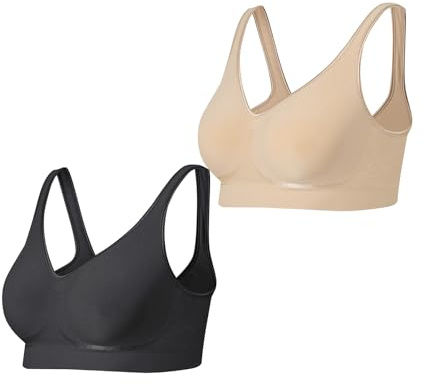Lemef BH utan bygel för kvinnor trådlösa sömlösa behåar, Svart, beige, S