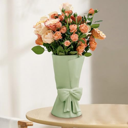 Relexome Keramisk vas med rosett, 24,5 cm grön modern bohovas, dekorativ aesthetisk blomvas för bukett, pampasgräs, för vardagsrum, sovrum, bordsdekoration, heminredning