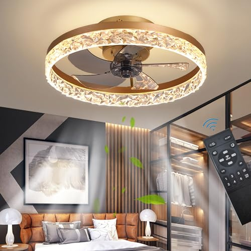 Tyst Takfläktar med belysning Fjärrkontroll, Moderna ljus Fläkt takljus LED Dimbar Takfläktlampa för sovrum Vardagsrum, Fläkt Vändbar och 6 hastigheter (Guld, 50CM)