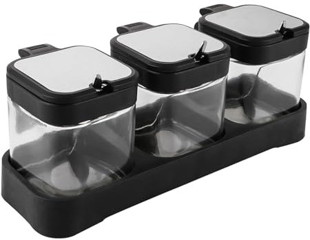 3 Stück Gewürzbehälter Set 255ml Salzdose mit Deckel Gewürzgläser mit Löffel und Deckel Gewürz Gläser Schwarz Gewürzdosen Gewürzständer Zuckerdose Schwarz für Küche,Würze, Kraeuter, Salz, Zucker