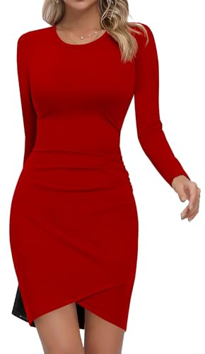 Missufe Vestido Corto Ajustado de Manga Larga para Mujer Vestido Informal Elegante básico Camiseta(Rojo, XS)