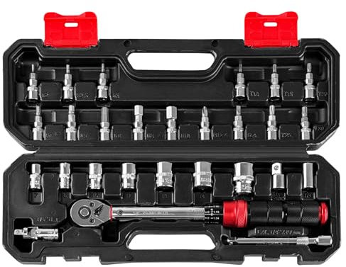WETT Juego de llaves dinamométricas de clic de 27 piezas, llave dinamométrica para bicicleta de 1/4 pulgadas, 1-25 NM (20-240 IN.LB), precisión de ±3%, kit de herramientas de mantenimiento de
