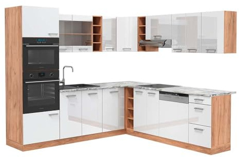 Vicco Cucina angolare completa R-Line, Bianco lucido/Rovere dorato, 247 x 237 cm, PL Marmo, per la configurazione personalizzata e l'espansione con moduli aggiuntivi