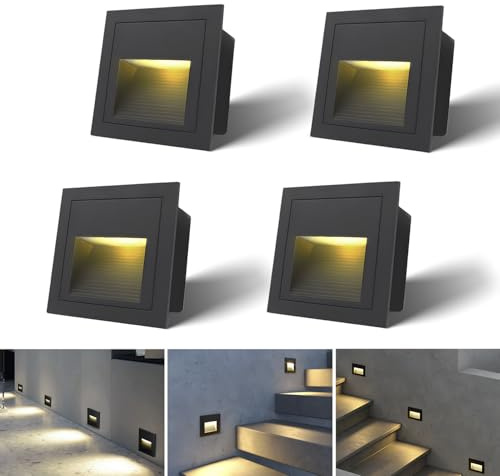 Arotelicht 4pcs/3W Wall Recessed Stair Lights LED,Warm White,Indoor Step Light,Square Recessed Wall Light,Black Cover Staircase Light IP44 for Indoor Outdoor Stairs, Home, Kitchen, Attic, Aisle