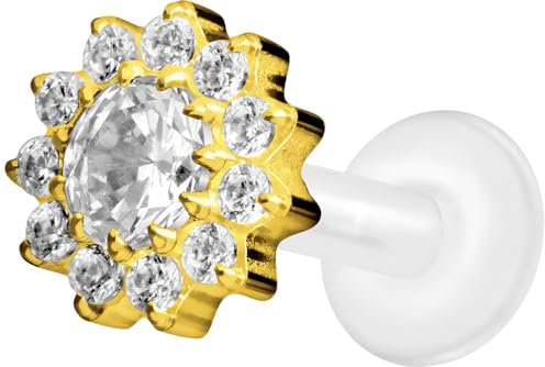 PIERCINGLINE PTFE Labret mit Gewinde + Titan-Aufsatz KRISTALLBLUME Piercing Ohr Nase Goldfarben 1,2 x 9 mm
