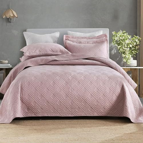 LYXLBX Gesteppte Tagesdecke Überwurf Sommer Patchwork Quilt Bettwäsche 3-TLG, Tages Decken Betthusse,Weich & Komfort Gesteppte Decke Für Doppelbett Mit 2 Kissenbezügen,Rosa-250x270cm