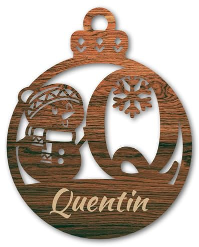 Urhome Weihnachtskugel personalisiert mit Wunschtext Gravur Buchstabe Q mit Schneeman Motiv Dunkel Braun - Ornament Christbaumschmuck Weihnachtsdeko Weihnachtsbaum Anhänger aus 6,5mm Holz
