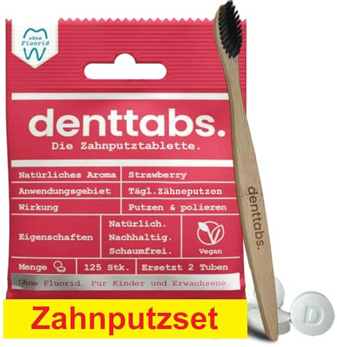 Denttabs Zahnputzset - Zanputztabletten Erdbeer ohne Fluorid 125 Stk Set+Bamboobrush Bambus Zahnbürste ultrasoft