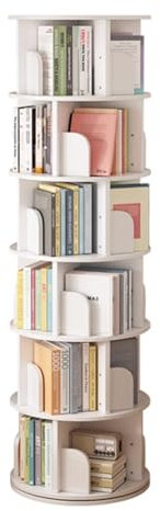 HARELA 4/5/6 Stufiges Drehbares Bücherregal, Mehrstöckiges Lagerregal Freistehendes Bücherregal, Bücherschrank Standregal, Reading Corner Drehbar 360 Grad, Dekoregal(White-6 Tier)