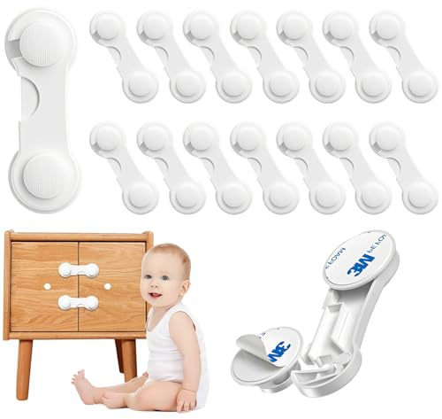 GUOYOU 15 Pack Child Safety Cabinet Drawer Locks, White Cabinet Locks, Strong Adhesive Baby Locks for Kitchen Furniture, No Drilling Fridge Locks, for Cabinet Doors, Pantry, Closet, Wardrobe, Cupboard