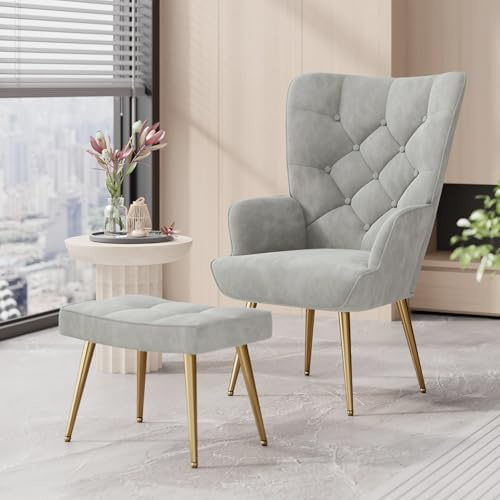 Aivermeil Samt-Ohrensessel mit Hocker, Grau | Passender Hocker; hohe Rückenlehne; Knopfheftung; Relaxsessel für Wohnzimmer, Schlafzimmer & Leseecke; bis 150 kg