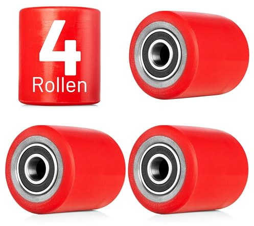 4 Stück Lastrolle Polyurethan (PU) rot 80x70 mm Achse 20mm Laufrolle Rad Hubwagen Rollen inkl. Kugellager Gabelhubwagenrolle Hubwagenrollen