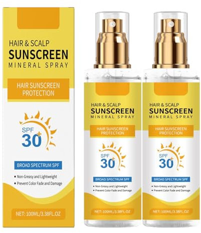 Hair & Scalp Sunscreen, SPF30 Hair & Scalp Sun Protection Spray, Non-Greasy UV Protection, Prevent Hair Color Fade/Dryness, Suitable for Hiking/Beach/Running (2 Pcs)