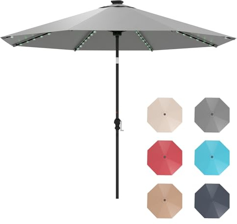 GYMAX Ombrellone da Giardino 288 cm Inclinabile con 96 Luci LED Solari, Ombrellone da Esterno con 8 Stecche Solide, Altezza Regolabile, con Manovella, Giardino Patio Terrazzo Caffetteria Ristorante