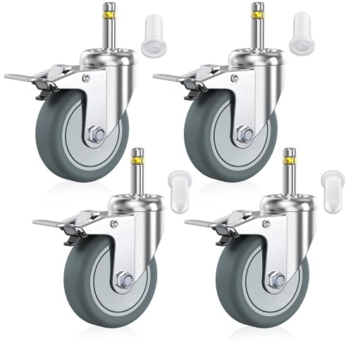 HOLKIE Lenkrollen Möbelrollen 75 mm (3 Zoll) mit Totalfeststeller, 4er-Set Schwerlastrollen, 11mmx25mm(Schaftdurchmesser 11 mm, Schaft3änge 25mm), Gummirollen Rollen für Industrie & Möbel