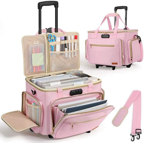 Housolution Rolling Teacher Bag with Wheels, Fits for 17 Laptop, Teacher Tote Bag with Detachable Trolley, Laptop Work Case with Anti Theft Lock, Briefcase Cart with Accordion File Organizer, Pink