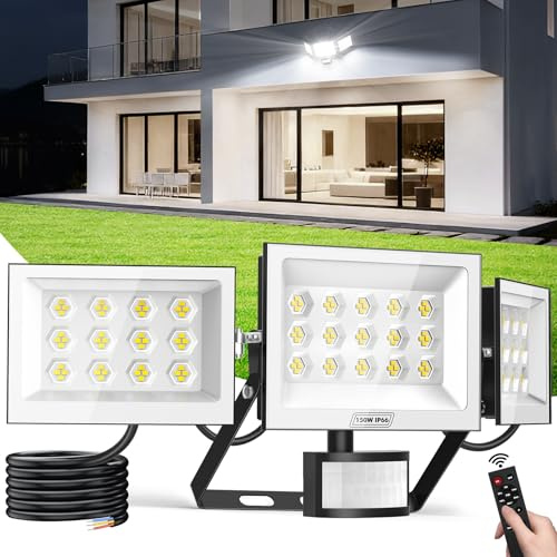wowspeed 150W LED Strahler mit Bewegungsmelder Außen, 15000LM 6500K LED Fluter Außen mit Fernbedienung, 3 Lampenköpfe, 90° horizontale Drehung, IP65 Wasserdicht Scheinwerfer für Garage Hof Garten