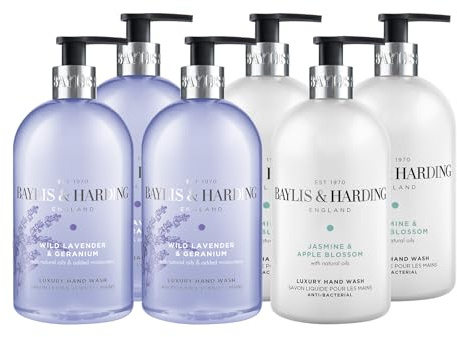 Baylis & Harding Signature Anti-Bacterial Luxury Hand Wash 6 Pack | Jasmine & Apple Blossom and Wild Lavender & Geranium, Vegan Friendly, Made in UK