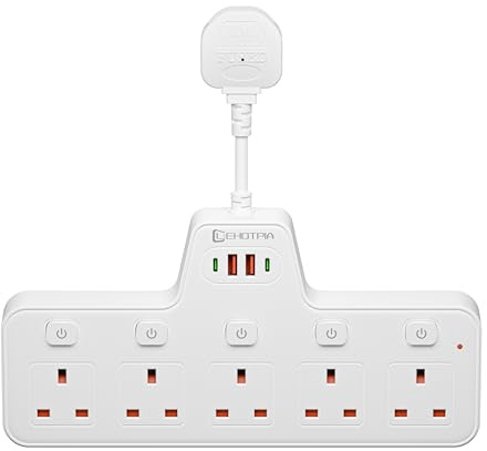 LEHOTPIA Power Strip Extension Lead Socket 5 Way with Flexible Plug, Extension Lead with Two Usb Slots with Individual Switches, Short Small Extension Adaptor for Home,Kitchen.(White)
