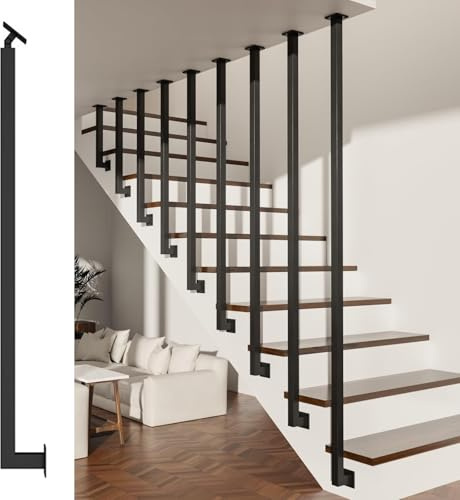 Ringhiera moderna in ferro battuto a forma di L per interni, colore nero opaco, robusto supporto da pavimento a soffitto per loft e ville, design a tubo quadrato da 1,5 m