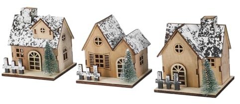FUNOMOCYA 3pezzi Casetta di Natale in Miniatura in Legno Luci LED Casette Natalizie in Legno per Decorazioni Festive per Mensola del Focolare e Centrotavola