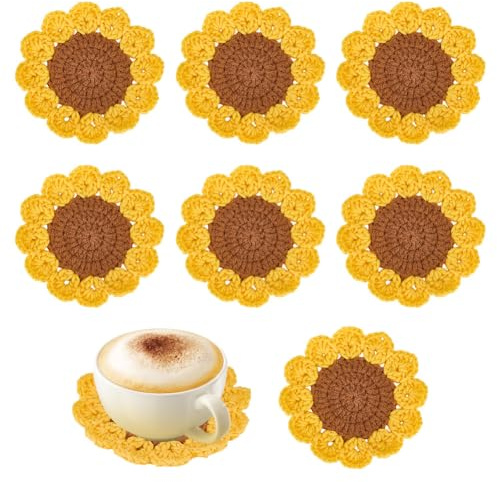 MAYJOYDIY 8 sottobicchieri dorati all'uncinetto a forma di girasole da 11,5 cm, fatti a mano, per casa, scrivania, tavolo, protezione da tavolo, regali di inaugurazione della casa, bar, scrivania