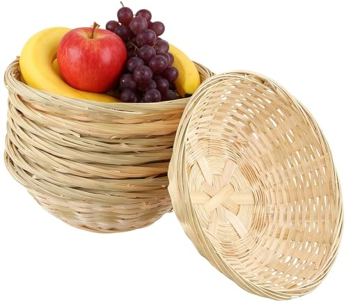 ZEONHAK 8 Pack Bamboo Bread Baskets, 23 x 7cm Round Wicker Fruit Basket for Kitchen Restaurant Display Decor