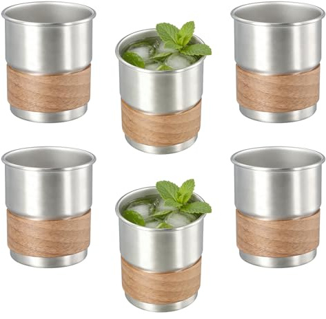 Lot De 6 Gobelets En Acier Inoxydable,300ml Gobelets Inox Avec Manchons En Bois,Gobelet De Camping Sans Poignée Légère Reutilisable,Double Tasse En Acier Inoxydable Empilable Isolée Pour Maison,Bureau