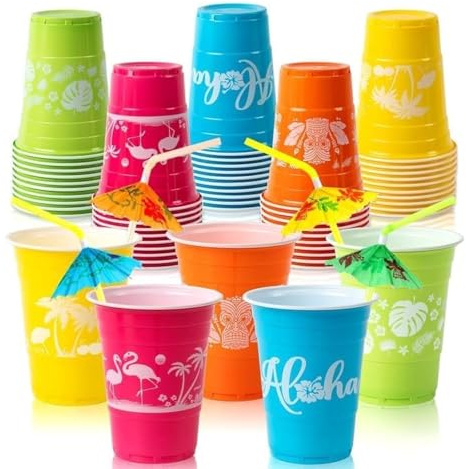 Kockuu 50 Pack Hawaiian Disposable Plastic Cups with Parasol Straws, 16oz Colourful Party Cups for Summer Tropical Birthday Party Supplies