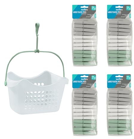 JVL Peg Basket with 48 Large Plastic Clothes Pegs – Strong Laundry Peg Storage Basket – Assorted Colours